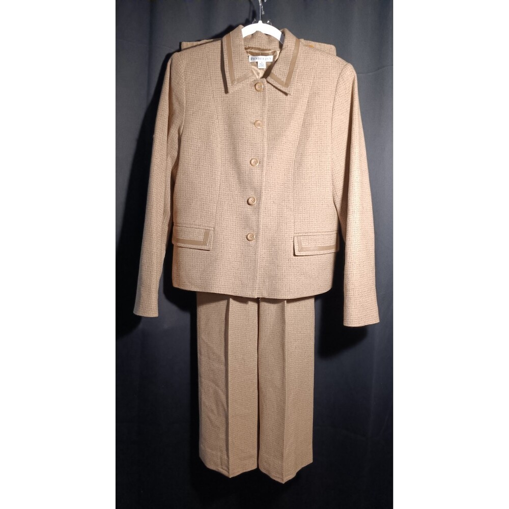 Pendleton Tan Wool Silk Suit Set Jacket 10 Pants 8 Leather Trim Classic Career - Picture 1 of 12